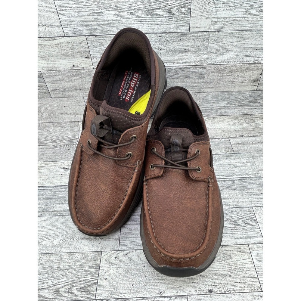 Skechers Slip-ins Expected Arago Brown Leather Boat Shoes 205188WW Men Sz 8.5WW